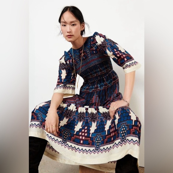 ba&sh Blue and White Smocked Mandie Midi Dress XS - Picture 3 of 16